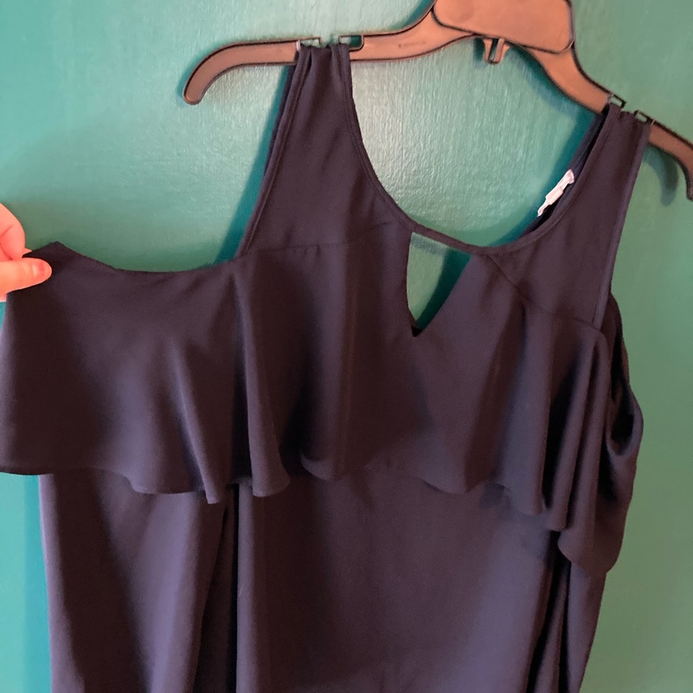 Navy flowy off the shoulder shirt